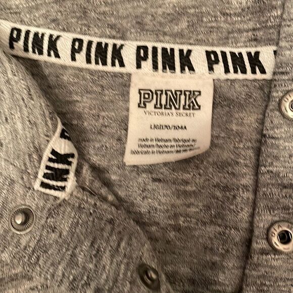 Pink hoodie draw string large logo on front grey white/pink stripes on sleeves - Picture 3 of 6